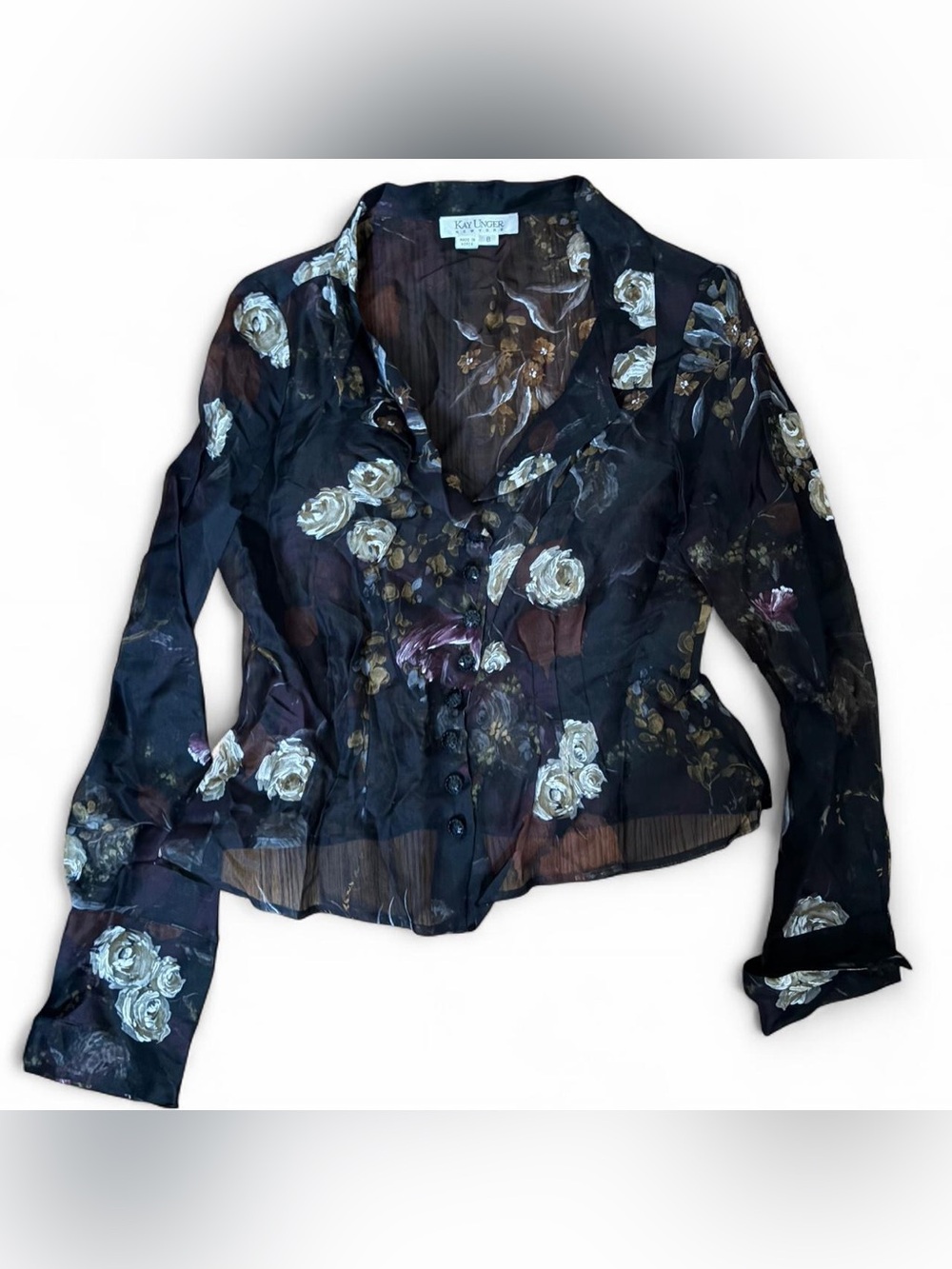 Kay Unger 100%silk Black Sheer Floral Button-Front Jacket